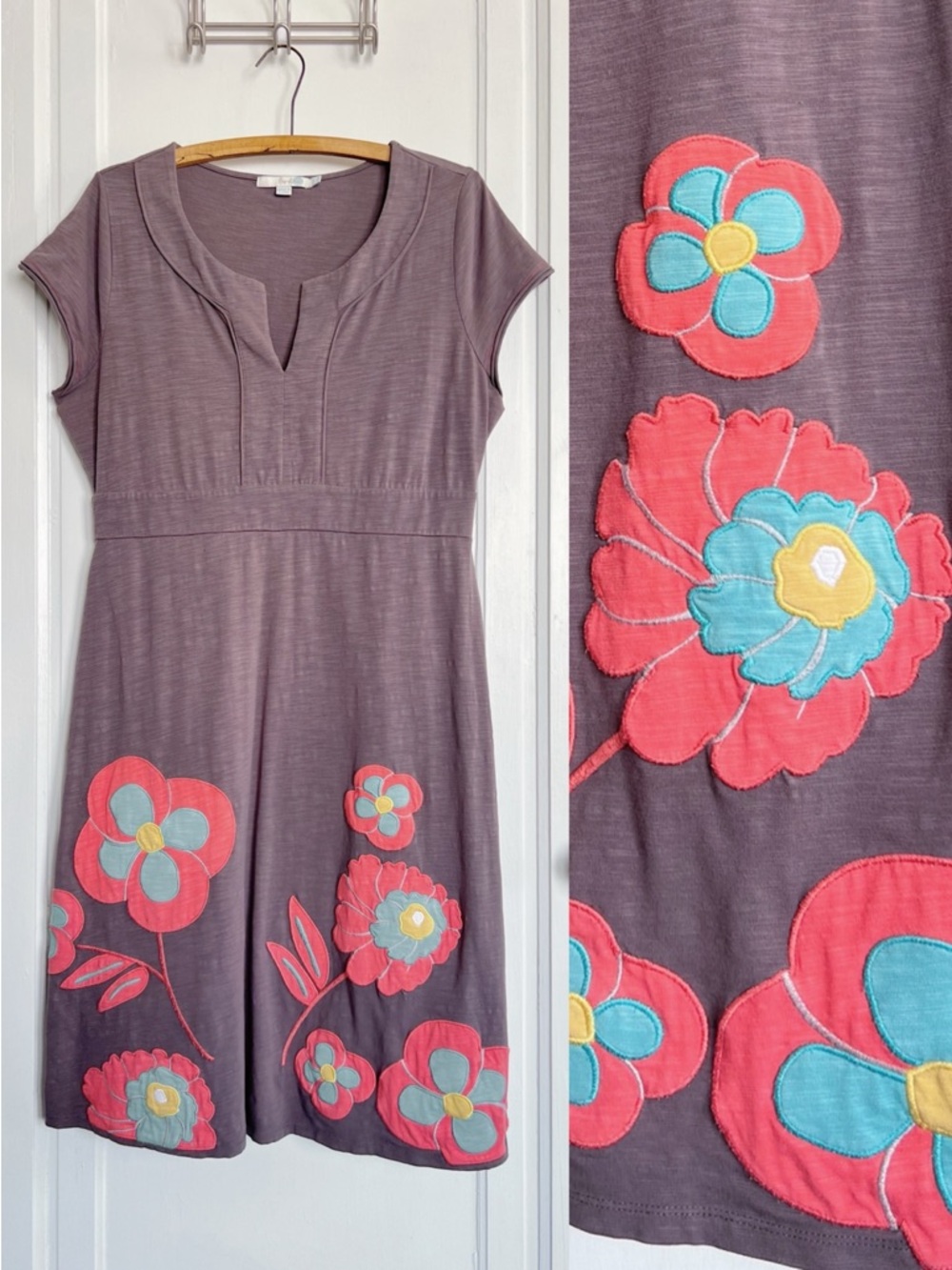 Boden • cap sleeve jersey dress floral applique cotton knit coral pink taupe